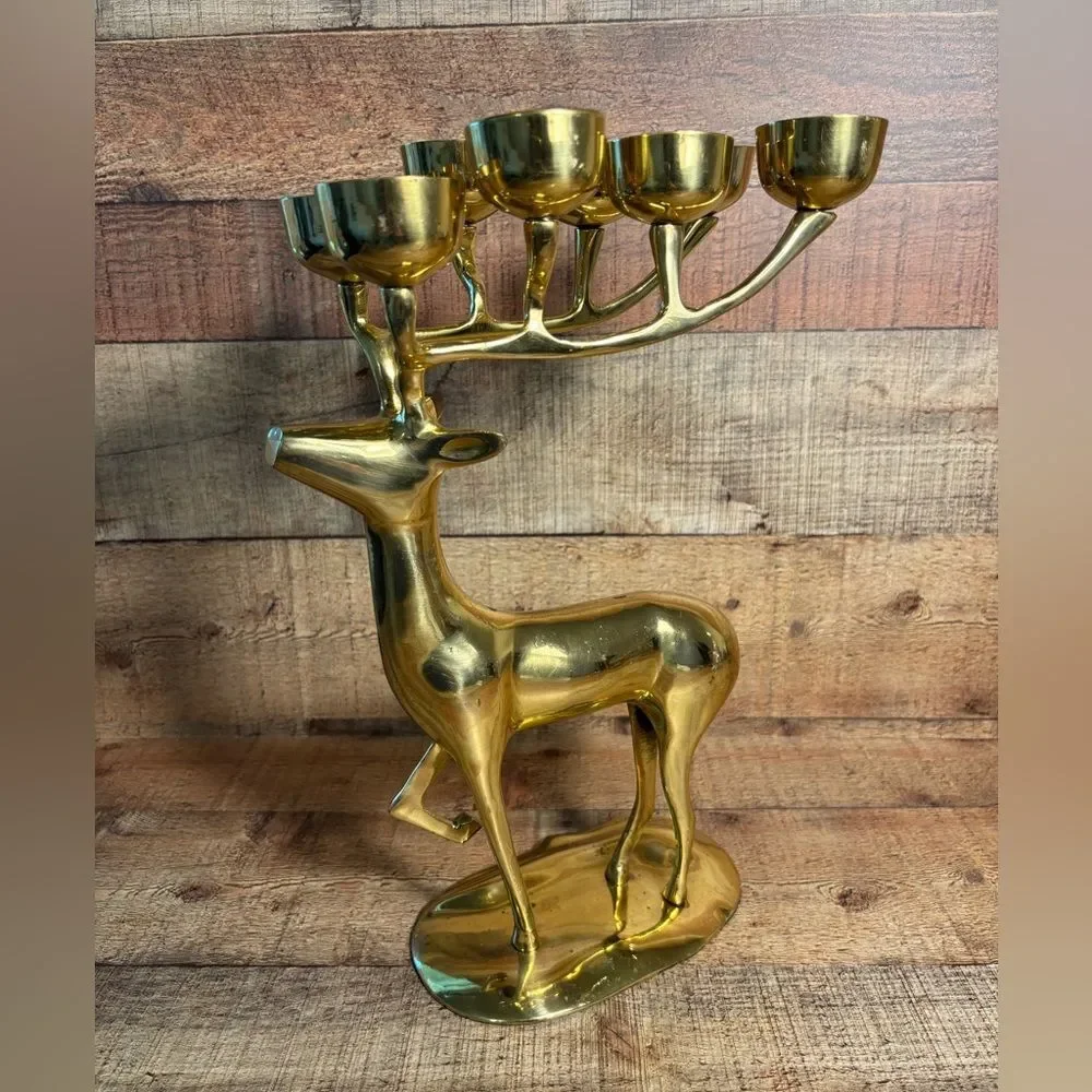 Vintage Large Tall 14.5” Brass Deer Reindeer Votive 8 Candle Holders MCM Holiday